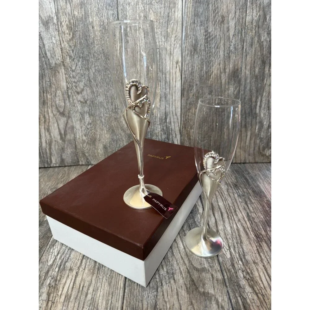 NEW PAPYRUS Champagne His and Hers Double Heart Toasting Glass Flutes